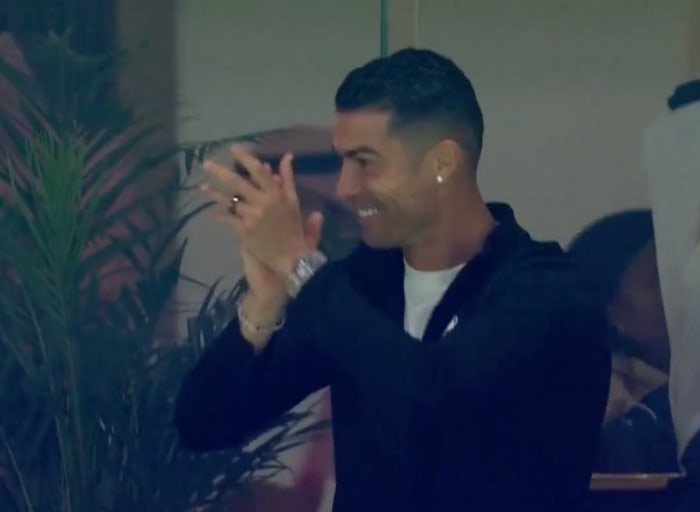 Al Nassr captain Cristiano Ronaldo pictured applauding from the stands during his team's 6-0 win over Inter Miami in February 2024